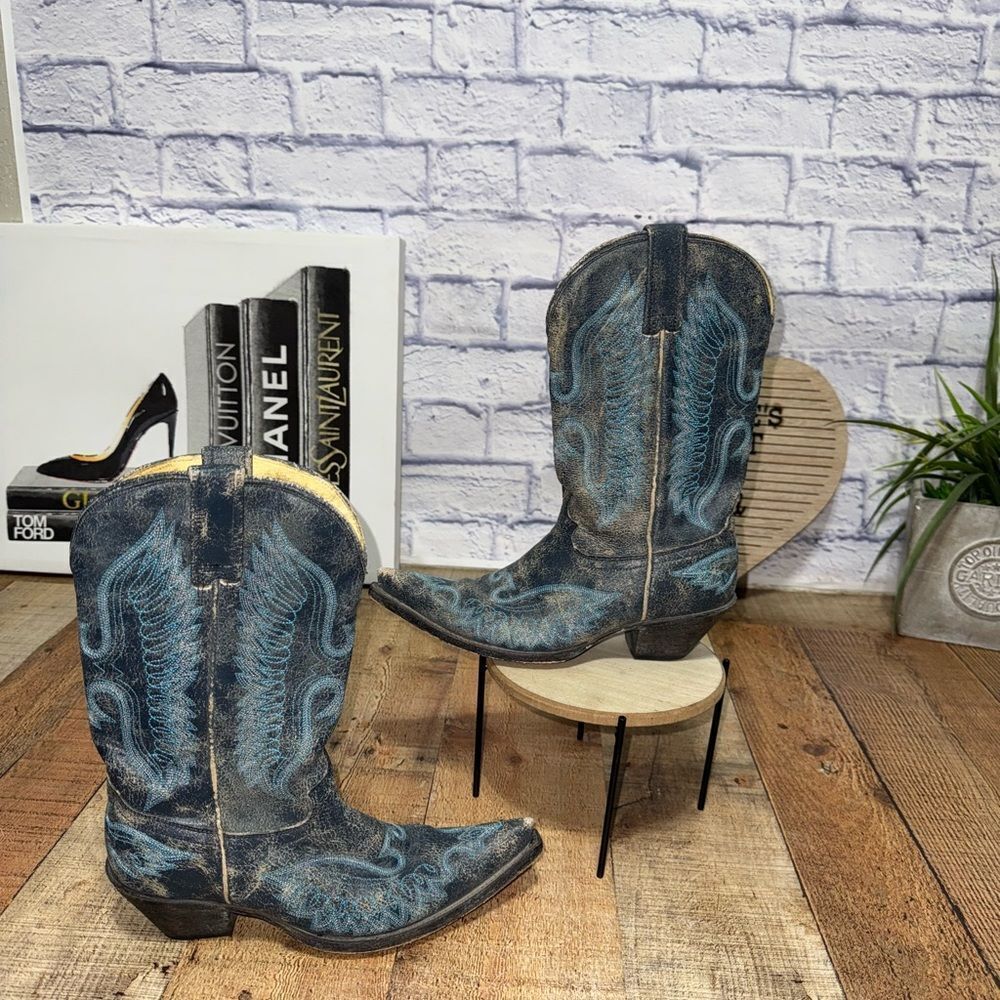 RUDEL snip Toe Western Cowgirl Boots Women's 6 E Grey black Blue Distressed